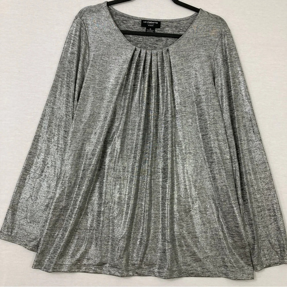 Liz Claiborne Silver Pleated Front Round Neck Stretch Blouse size 1X - Picture 1 of 8